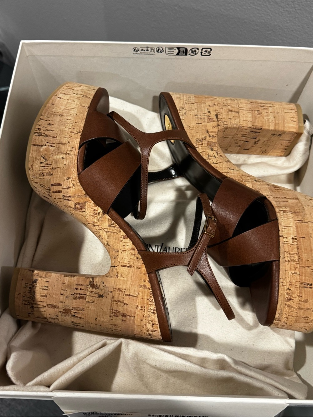 Saint Laurent Bianca , Brown Leather Cork Platform Sandals - Picture 2 of 7